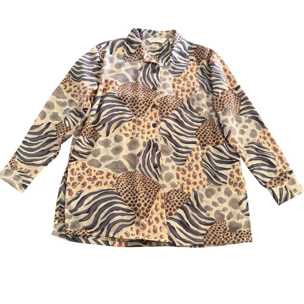 Bechamel Petites Women's Animal Print Button Up LS Blouse Shirt, Size PS NWT